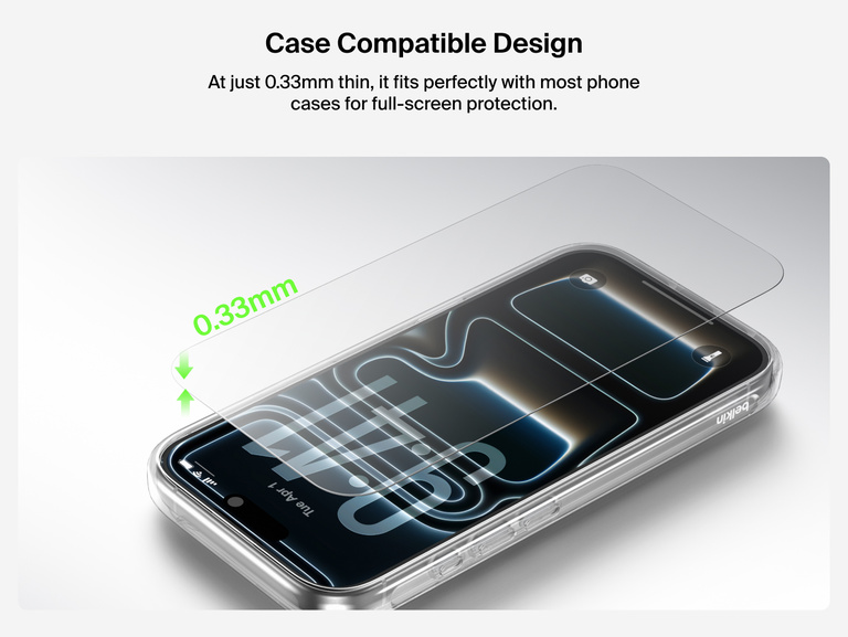 Belkin ScreenForce TemperedGlass Screen Protector with ultra-thin 0.33mm case-compatible design for full-screen protection and seamless fit with most phone cases.