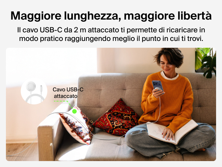 Immagine del caricabatteria magnetico con Qi2 25W Belkin UltraCharge mostrato in uso con un cavo USB-C lungo 2 metri, che permette una pratica ricarica dei dispositivi mobili a distanza.