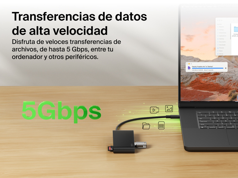 Belkin Connect 7-Port USB-C Hub with Dual USB-C Ports enabling high-speed data transfer up to 5Gbps between laptop and devices.