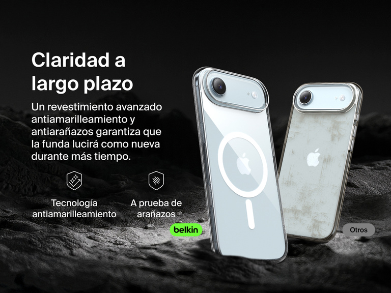 Belkin SheerForce Clear Series Case for iPhone 17 with anti-yellowing and scratch-resistant technology compared to discolored generic case.