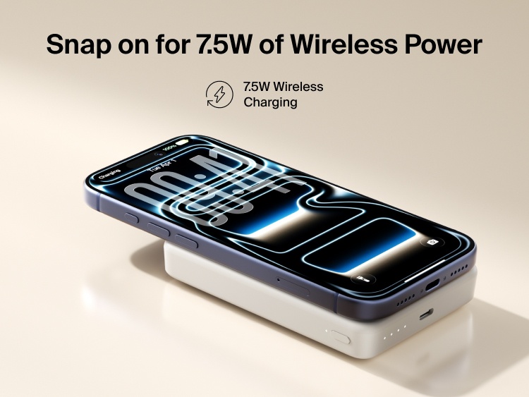 Belkin BoostCharge Slim Magnetic Power Bank 10K magnetically attached to a smartphone delivering 7.5W wireless charging in a slim portable design