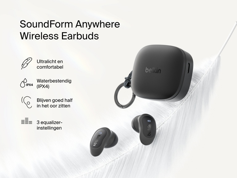 Belkin SoundForm Anywhere Wireless Earbuds with charging case shown on feather highlighting lightweight comfort, secure semi in-ear fit, IPX4 water resistance, and 3 EQ presets.