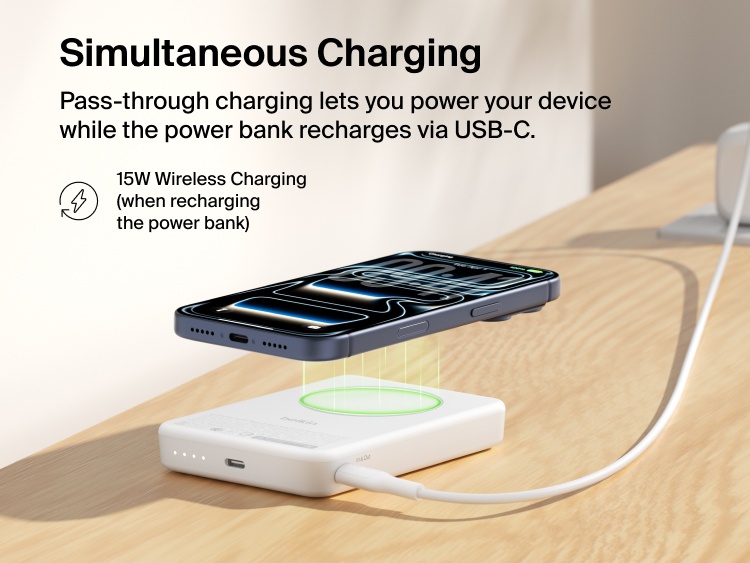 Slim Magnetic Power Bank 10K with Qi2 wirelessly charging smartphone while recharging via USB-C pass-through connection