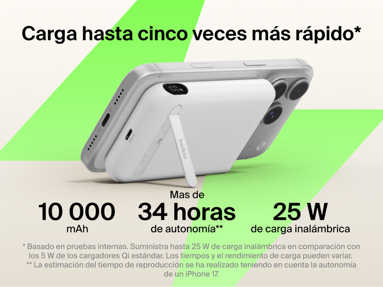 Belkin UltraCharge Pro Power Bank 10K with magnetic ring attached to a smartphone, highlighting up to 25W wireless fast charging, 10,000 mAh capacity, extended battery life, and built-in kickstand for hands-free use.