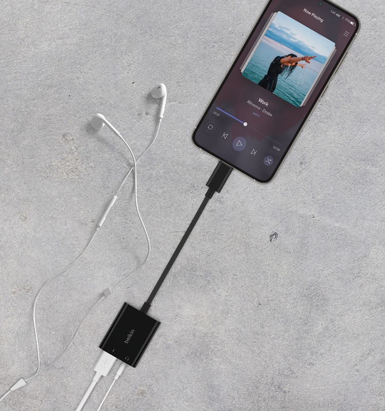 Listen to music while charging your device with Belkin RockStar 3.5mm Audio + USB-C Charge Adapter.