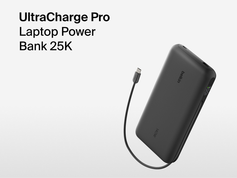 Belkin UltraCharge Pro Laptop Power Bank 25K with integrated cable and digital display, high-capacity portable charger for laptops and devices