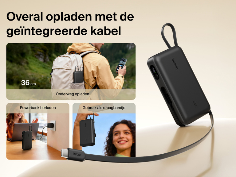 Belkin UltraCharge 20K 45W power bank with integrated USB-C cable for on-the-go charging, easy recharging, and convenient carry strap functionality