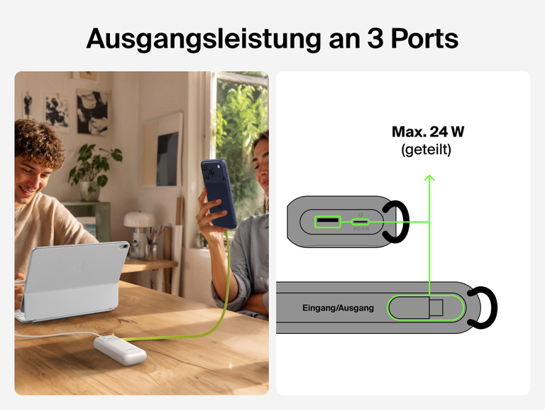 Die UltraCharge Powerbank 11K mit einziehbarem Kabel l&auml;dt gleichzeitig ein Tablet und ein Smartphone auf einem Tisch, mit einer Darstellung der geteilten Ausgangsleistung von 24 W &uuml;ber drei Anschl&uuml;sse.