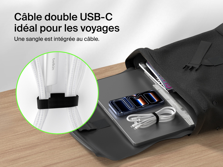 Image du c&acirc;ble &agrave; gaine tress&eacute;e Belkin BoostCharge&nbsp;Pro USB-C vers double USB-C dot&eacute; d'une sangle pour ranger facilement l'accessoire et l'emporter partout, pour une recharge de 140&nbsp;W pratique en d&eacute;placement.