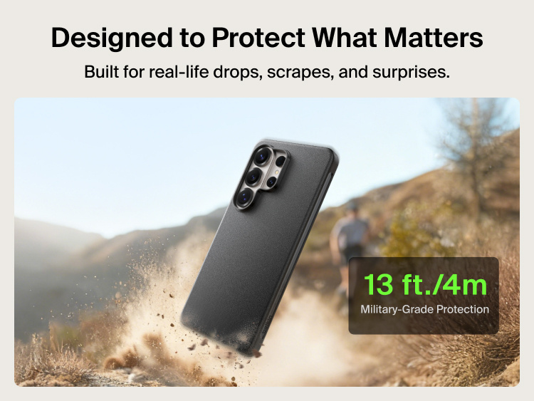 Belkin SheerForce Protect Series Case for Samsung Galaxy S26 shown with drop impact, highlighting durable everyday protection and up to 13 ft drop resistance for real-life use.