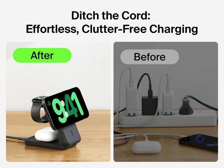 Belkin UltraCharge 3-in-1 Foldable Magnetic Charger with Qi2 25W shown delivering clutter-free charging for multiple devices compared to a tangled wired setup.