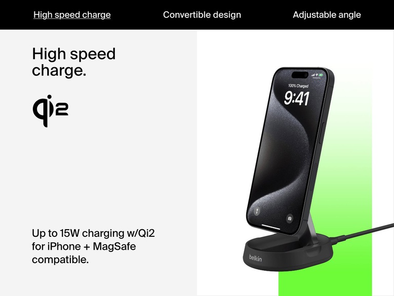 A black Belkin BoostCharge Pro Convertible Magnetic Wireless Charging Stand with Qi2 15W charges an upright iPhone, highlighting its adjustable angle, Qi2 compatibility, and high-speed 15W charging.