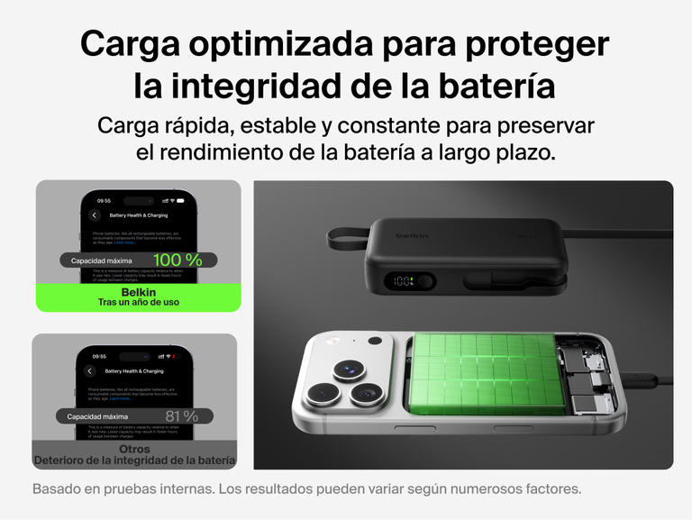 Belkin UltraCharge 10K power bank with integrated USB-C cable and digital display featuring optimized fast and stable charging to support long-term battery health