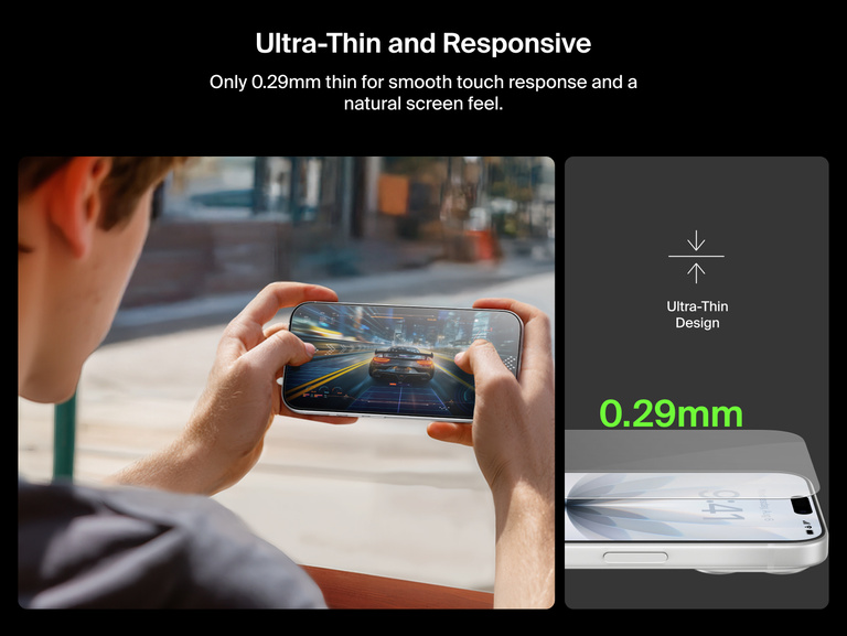 Belkin ScreenForce UltraGlass 2 Screen Protector is ultra-thin at 0.29mm for smooth touch response and a natural screen feel.