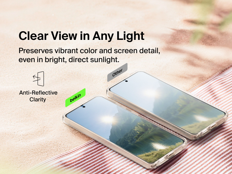 Belkin SheerForce Titan Protective Bundle for Samsung Galaxy S26 demonstrating anti-reflective screen protector clarity for vibrant color and enhanced visibility in bright, direct sunlight.