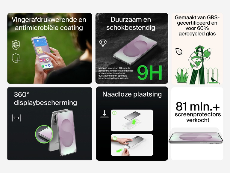 Pluspunten van de ScreenForce InvisiGlass antimicrobiële screenprotector zijn onder meer een vingerafdrukwerende en antimicrobiële coating, hardheid van 9H voor duurzame bescherming tegen stootschade, gebruik van 60% GRS-gecertificeerd gerecycled glas, 360°-displaybescherming en stappen voor nauwkeurige bevestiging. Ook staat er vermeld dat er meer dan 81 miljoen screenprotectors zijn verkocht.