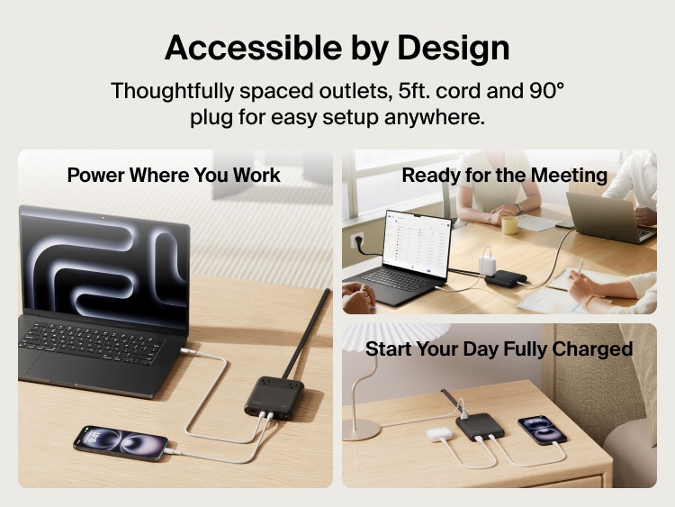 Belkin 2-Outlet Charging Station with USB-A and 3 USB-C Ports 140W shown in various settings powering laptops, phones, and accessories, demonstrating its accessible design with 5-foot cord and 90-degree flat plug for versatile use at home or work.