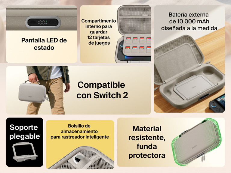 Feature overview of the Belkin Gaming Charging Case Pro for Nintendo Switch 2 highlighting built-in 10K power bank, LED battery indicator, flip-up stand, game card storage, smart tracker pocket, and durable protective design.
