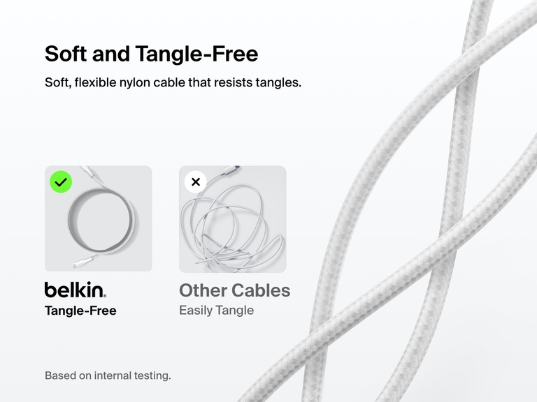 Belkin BoostCharge Pro Braided USB-C to USB-C Cable 60W features a soft, flexible nylon exterior designed to stay tangle-free and outperform standard cables in usability.