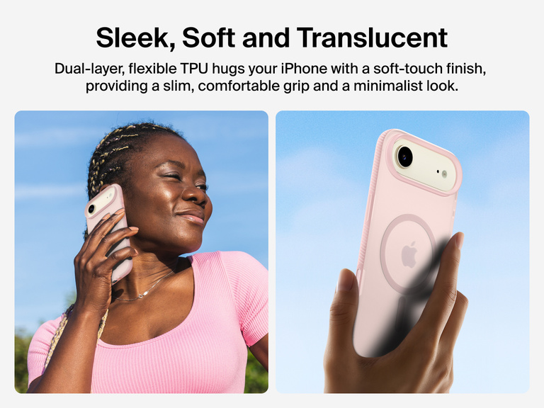 Belkin SheerForce Grip Series Case for iPhone 17 with slim translucent design and soft-touch finish for a comfortable grip.