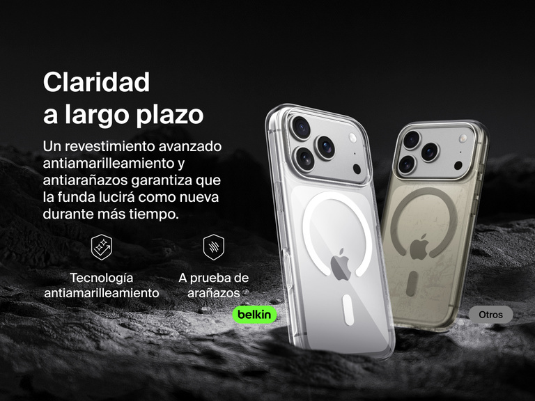 Belkin SheerForce Clear Series Case for iPhone 17 with anti-yellowing and scratch-resistant technology compared to discolored generic case.