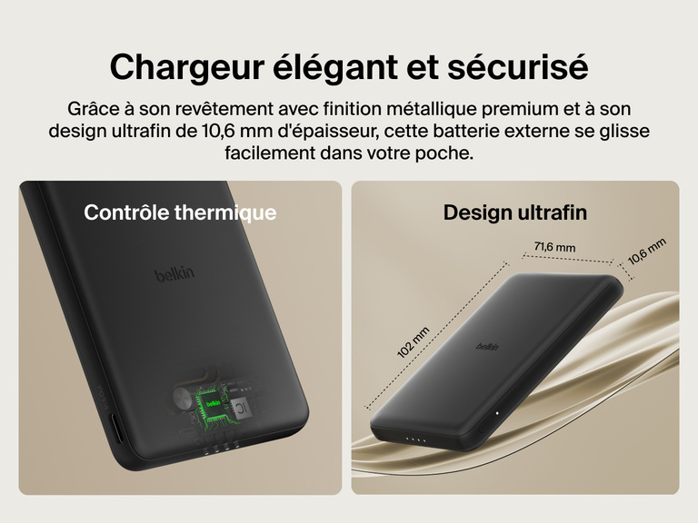 Belkin BoostCharge Slim Magnetic Power Bank 5K shown with smart thermal control and ultra-slim 0.5-inch profile designed for portable, pocket-friendly charging.