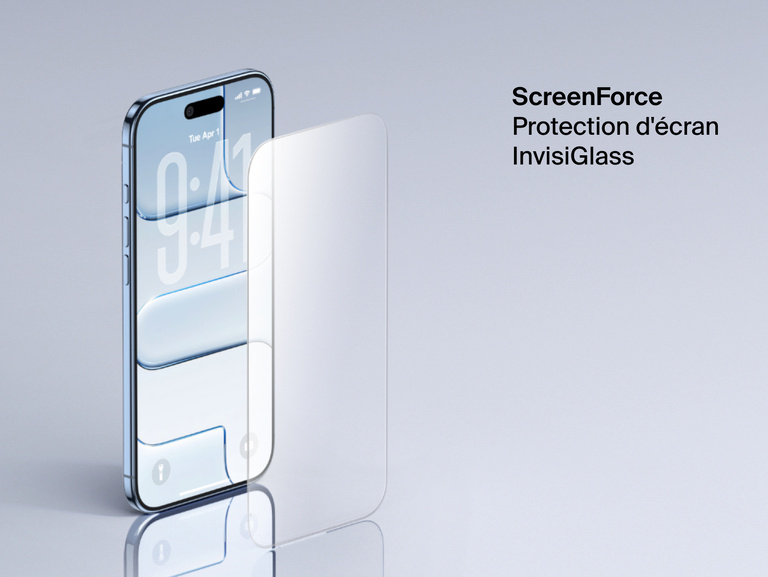 Protection d'&eacute;cran Belkin ScreenForce InvisiGlass sur l'&eacute;cran d'un iPhone pour une protection durable et transparente.