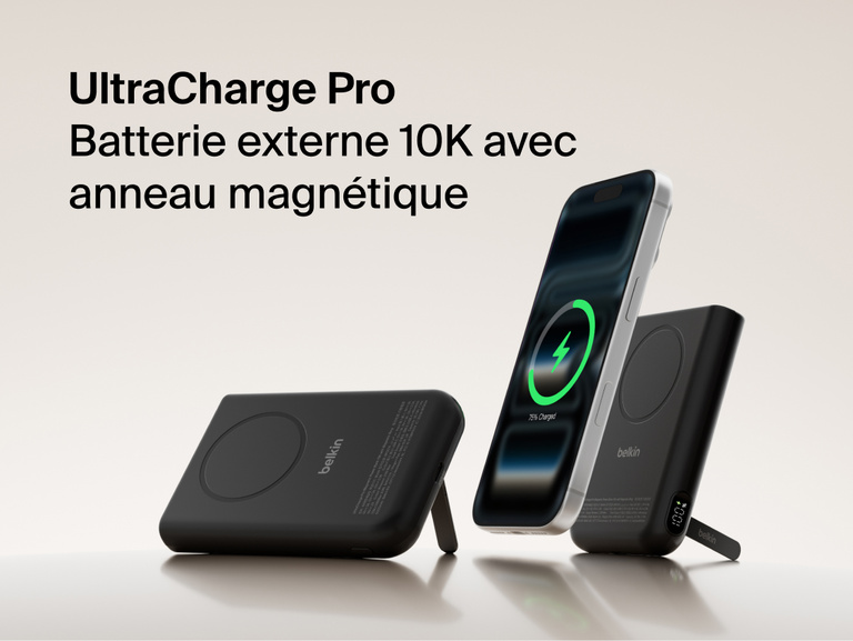 Belkin UltraCharge Pro Power Bank 10K with magnetic ring shown wirelessly charging a smartphone, featuring a slim portable battery design for on-the-go fast charging.