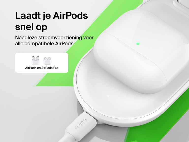 De Belkin UltraCharge 3-in-1 uitklapbare magnetische lader met Qi2 25W biedt snel draadloos opladen voor AirPods en AirPods Pro met naadloze compatibiliteit.