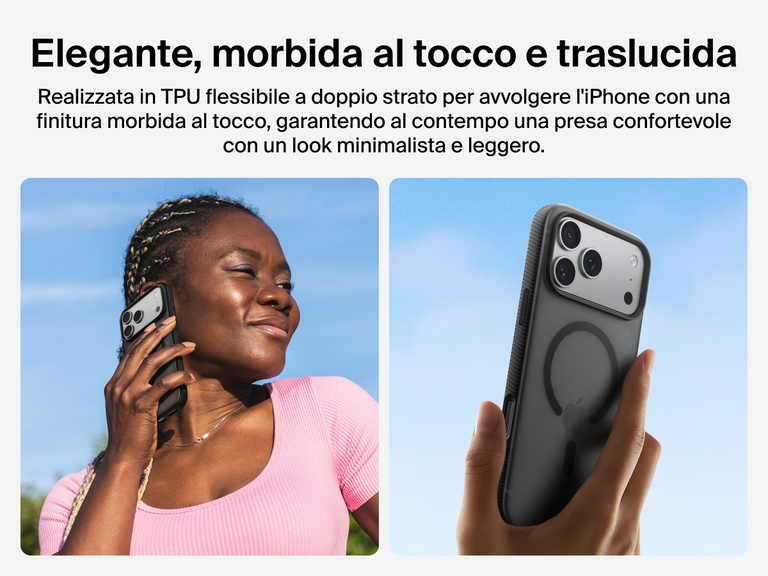 Belkin SheerForce Grip Series Case for iPhone 17 with slim translucent design and soft-touch finish for a comfortable grip.