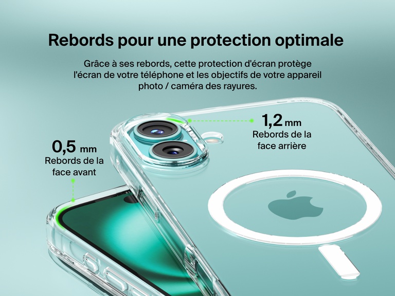 A close-up view of the SheerForce™ Magnetic iPhone Case, highlighting its raised edges for enhanced protection. The image showcases a 1.2mm camera raised edge and a 0.5mm front raised edge, designed to safeguard the screen and camera lenses from scratches and impacts. The transparent case maintains a sleek look while providing reliable protection.