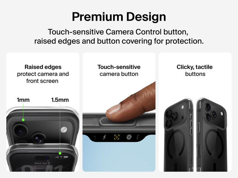 Belkin Protect+ Series Case for iPhone 18 features raised screen and camera edges, a touch-sensitive Camera Control button and tactile covered buttons.