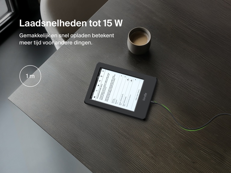 Top-down view of a Kindle charging with the Belkin BoostCharge USB-C to Micro-USB Braided Cable 15W, emphasizing 1-meter length and up to 15W charging speed.