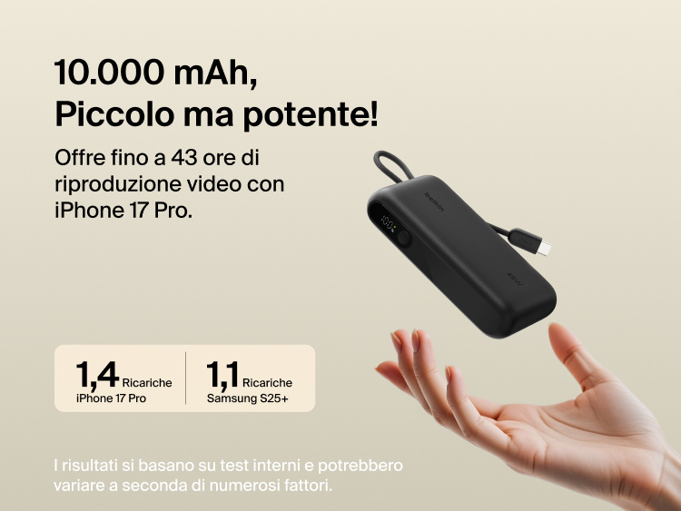 Belkin UltraCharge 10K power bank with integrated USB-C cable and digital display, delivering up to 45W fast charging and extended battery life for smartphones
