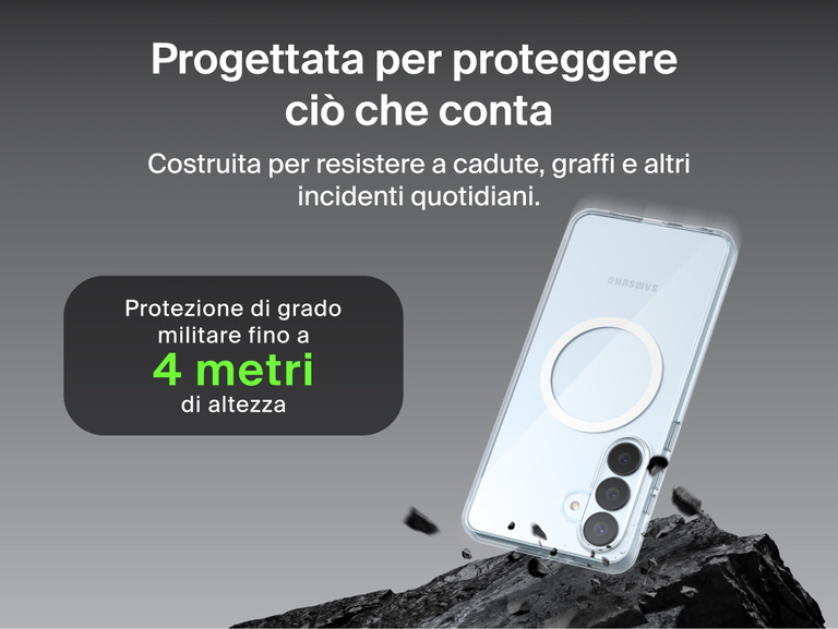 Belkin SheerForce Clear Series Case for Samsung Galaxy S26 shown protecting a phone during impact, highlighting slim design with 13 ft / 4 m military-grade drop protection and built-in Qi2 wireless charging support.