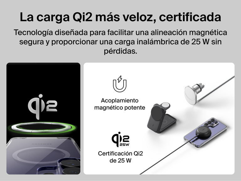 Belkin SheerForce Clear Series Case for Samsung Galaxy S26 shown supporting Qi2-certified 25W wireless charging with secure magnetic alignment for fast, efficient, and reliable charging.