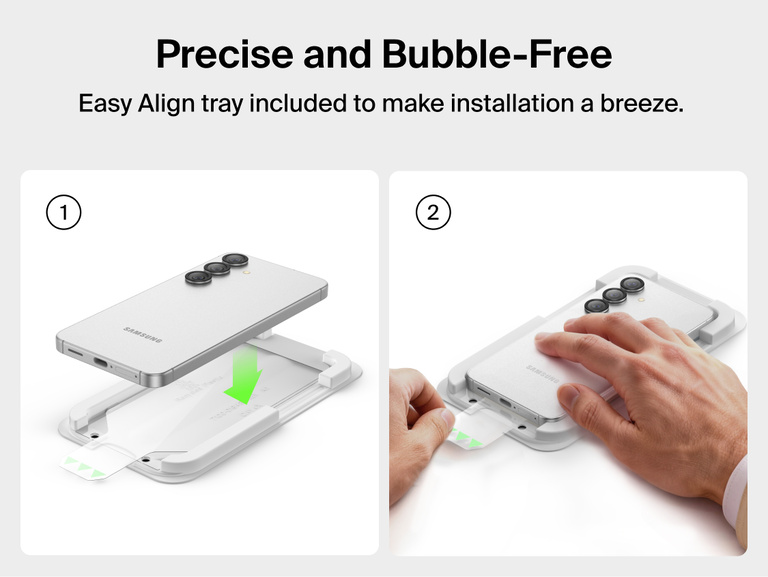Belkin ScreenForce Titan SmartShield Anti-Reflective Screen Protector for Samsung Galaxy S26 showing Easy Align tray installation for precise, bubble-free application.