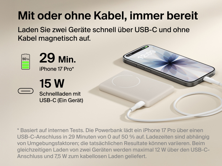 Belkin BoostCharge Slim Magnetic Power Bank 5K with Qi2 shown delivering wired USB-C fast charging and wireless charging for reliable, on-the-go power in a compact portable design.