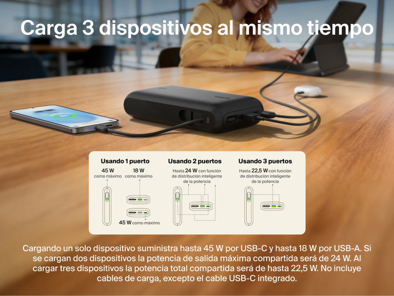 Belkin UltraCharge 20K 45W power bank with integrated USB-C cable charging multiple devices simultaneously with smart power sharing and multi-port connectivity