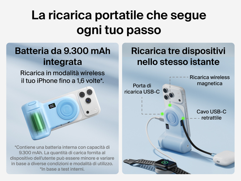 Belkin Stage PowerGrip compatibility chart showing support for iPhone 12 and later, Google Pixel 10 and later, USB-C devices like AirPods and Galaxy, and tripods with 1/4-inch mounts.