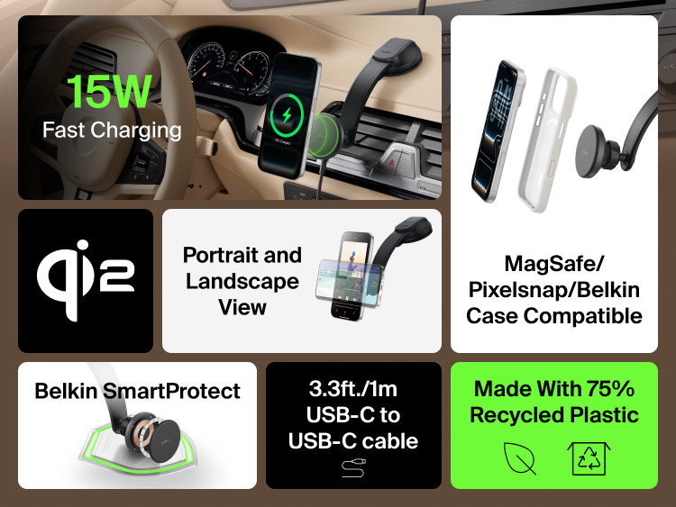 Belkin BoostCharge Magnetic Wireless Charging Car Vent Mount shown in use with a smartphone, highlighting 15W fast charging, MagSafe/PixelSnap compatibility, and flexible portrait or landscape viewing.
