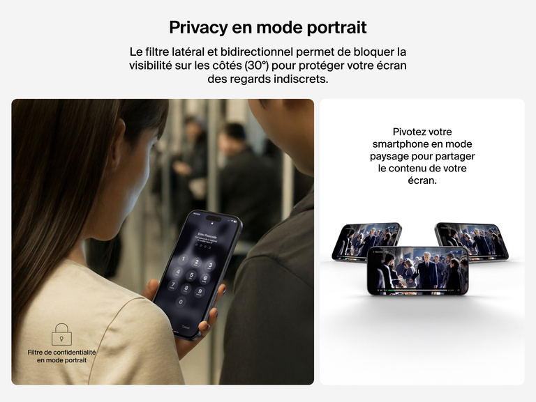 Belkin ScreenForce InvisiGlass Privacy Screen Protector provides 2-way portrait mode privacy with 30-degree side-view blocking.