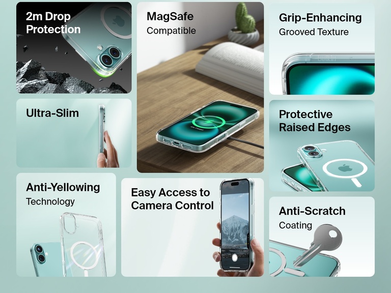 A feature-packed promotional image of the SheerForce™ Magnetic iPhone Case, highlighting its key benefits. The collage showcases its MagSafe compatibility, grip-enhancing grooved texture, protective raised edges, anti-yellowing technology, and anti-scratch coating. It also emphasizes 2m drop protection, ultra-slim design, and easy access to camera control, making it a durable and stylish choice for iPhone users.
