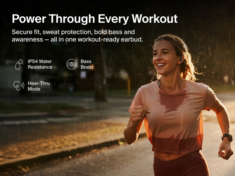 Belkin SoundForm ActiveFit Wireless Earbuds with secure fit, IP54 water resistance, bass boost, and Hear-Thru mode, shown on a runner in the rain.