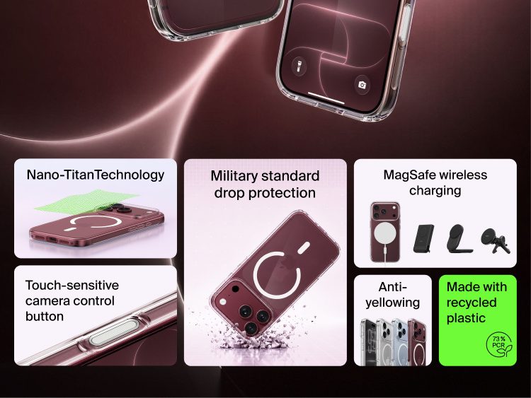 Belkin Clear Series Case for iPhone 18 Pro highlighting Nano-Titan Technology, military-standard drop protection, MagSafe wireless charging, touch-sensitive Camera Control button, anti-yellowing protection and recycled plastic.