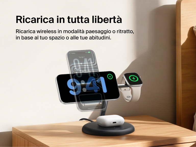 Belkin UltraCharge 3-in-1 Wireless Charging Stand with Qi2 25W charging iPhone in portrait and landscape modes alongside Apple Watch and AirPods on a bedside table