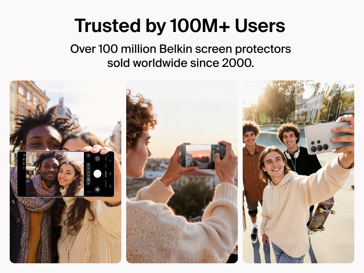 Belkin ScreenForce Titan EcoGuard Anti-Reflective Screen Protector for Samsung Galaxy S26 highlighted as trusted by over 100 million users worldwide, shown in everyday photo and video use scenarios.
