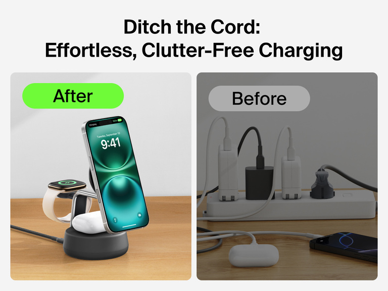 Belkin UltraCharge Pro 3-in-1 Magnetic Charging Dock with Qi2 25W provides effortless, clutter-free charging by replacing multiple cables with one sleek wireless solution for iPhone, Apple Watch, and AirPods.