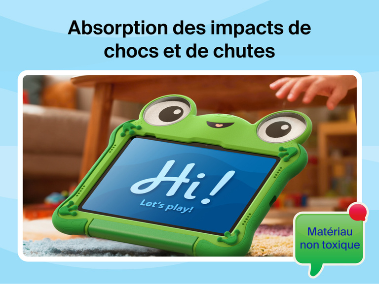 Disney Toy Story 5 Lilypad Case for iPad 10th and 11th Gen placed on carpet with tablet displaying &ldquo;Hi! Let&rsquo;s play!&rdquo; highlighting shock absorbing design and nontoxic material