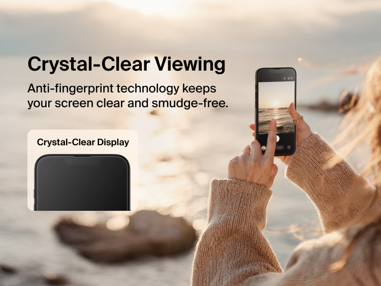 Belkin ScreenForce TemperedGlass screen protector for iPhone 17e featuring crystal-clear viewing with anti-fingerprint coating, shown capturing a bright outdoor scene on a smudge-free display